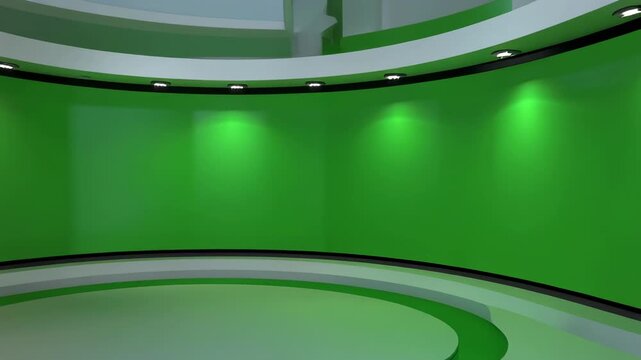 Modern green screen studio with curved walls and spotlighting for virtual production and broadcasting