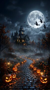 Epic Halloween night scene with glowing jack-o'-lanterns, haunted house, witches flying across the full moon, bats, fog, autumn trees, cinematic composition, ultra realistic commercial stock photo