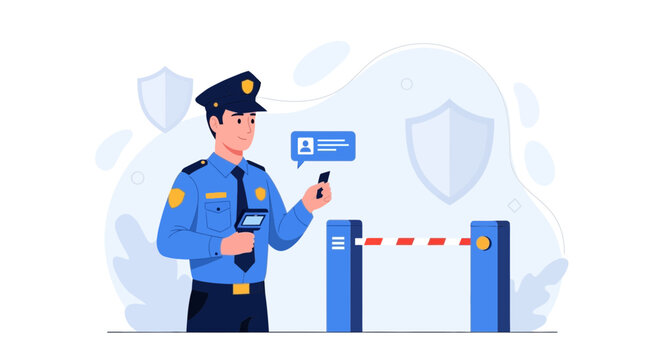 Security Guard at Barrier Gate Checking ID with Scanner, Digital Checkpoint and Access Control Concept