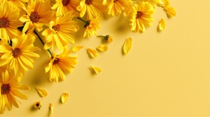 Fototapeta premium Bright yellow chrysanthemum flowers and scattered petals framing wide copy space