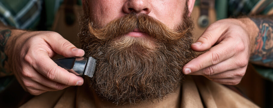 Beard grooming with electric clippers closeup, detailed mustache and beard trimming by tattooed barber hands in cozy barbershop setting