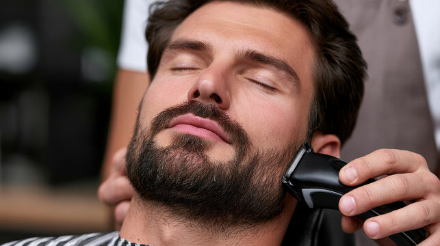 Bearded man with closed eyes enjoying professional beard trim by skilled barber using electric trimmer in modern barbershop