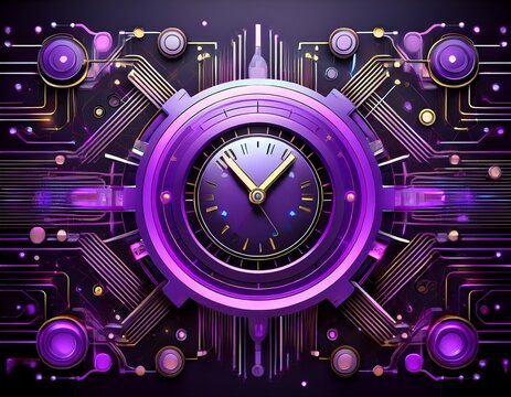 a futuristic purple clock surrounded by circuit board lines and dots on a black background