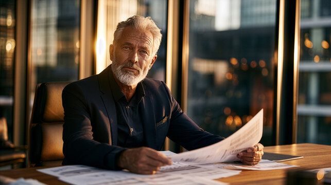 A confident senior business executive sitting alone in a luxurious modern office, carefully reviewing printed financial reports spread across a large natural oak desk