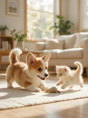 Fototapeta na wymiar Cute Corgi puppy and tiny kitten playing on living room rug indoors warm home environment wallpaper background for mobile phone tablet and desktop