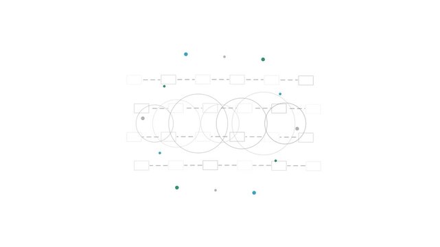 Minimalist abstract network illustration featuring geometric nodes, interconnected circles and data connections on white