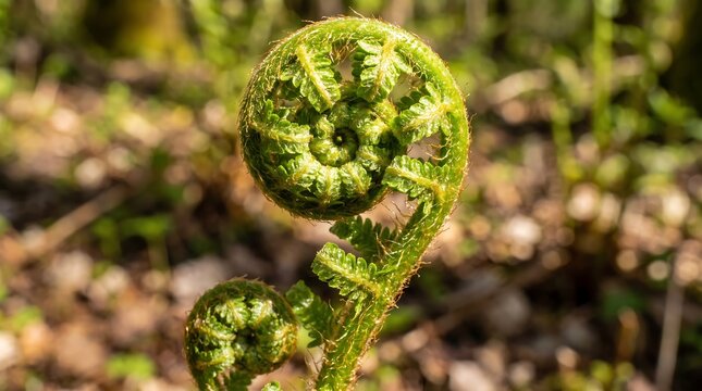 Spiral Unfurling Fern Frond with Fibonacci Pattern in Lush Forest Bokeh