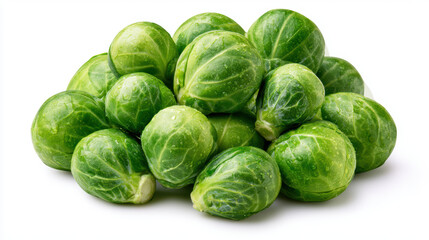 Fototapeta premium Fresh Brussels sprout with varied sizes and tiny water droplets on white background, healthy green vegetable for cooking and nutrition