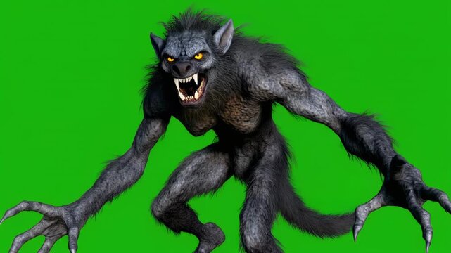 Monstrous creature in aggressive stance during eerie green screen filming for horror production
