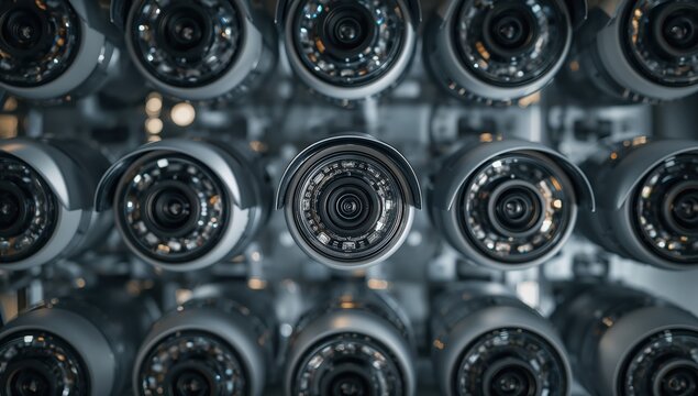 Close-up of multiple security cameras arranged in a surveillance system. Modern monitoring technology, privacy protection, artificial intelligence, and network security concept.