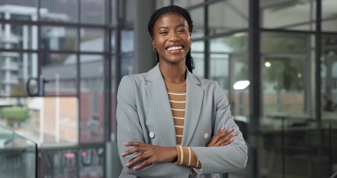 Crossed arms, happy and face of black woman in office with confidence for career in finance. Smile, about us and portrait of financial manager with pride for job opportunity, internship or project.