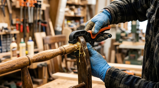 Furniture restorer in blue gloves using quick-release clamp on glued wooden chair spindle joint.