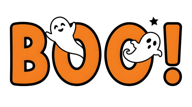Halloween ghost popping out of pumpkin with BOO typography in bold orange letters