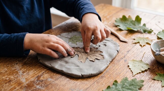 A child is pressing a real oak leaf into a flat piece of grey modeling clay on a wooden ad social media download thambnail poster web template event festival 2026 2027 2028