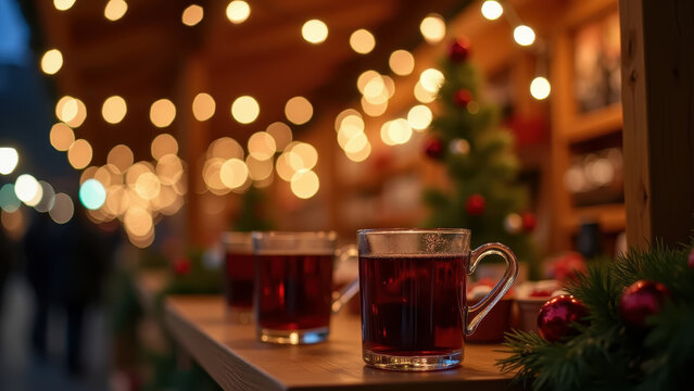 Wooden Christmas market stall with mulled wine cups and fairy lights, warm festive evening