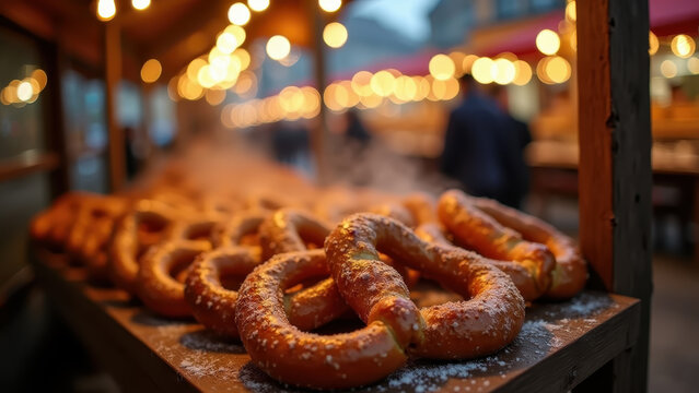 Artisan pretzels and roasted chestnuts steaming at market stall, warm string lights