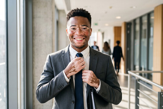 Confident young professional smiling in office corridor