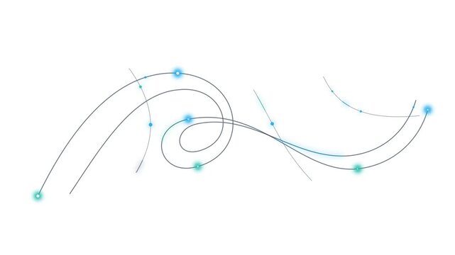 Abstract wind flow illustration with blue and grey wavy lines and glowing nodes