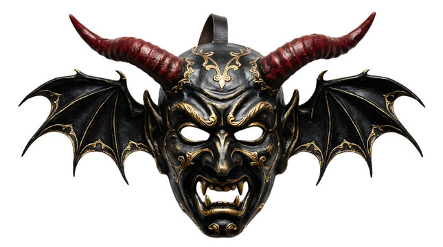 Detailed devil mask with horns and wings on transparent background