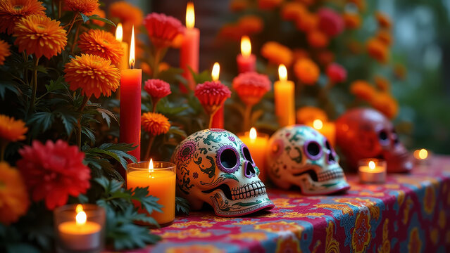 Day of the Dead altar with marigolds, candles and sugar skulls, vibrant colorful Mexican tradition