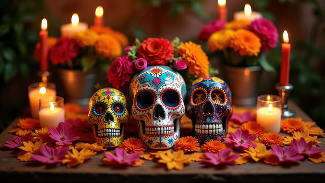 Day of the Dead altar with marigolds, candles and sugar skulls, vibrant colorful Mexican tradition