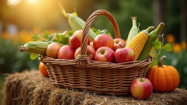 Wicker basket overflowing with apples, squash and corn on hay bale, natural sunlight, farmers market aesthetic