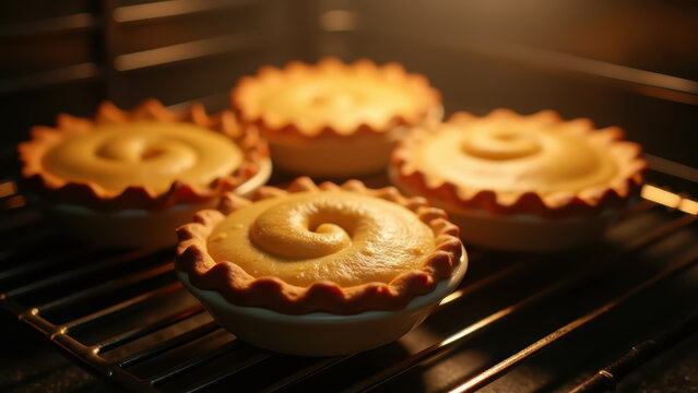 Mince pies fresh from oven on cooling rack, golden crust, cozy kitchen steam