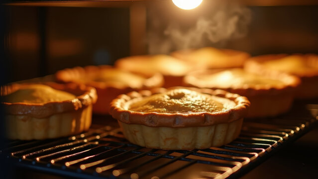 Mince pies fresh from oven on cooling rack, golden crust, cozy kitchen steam