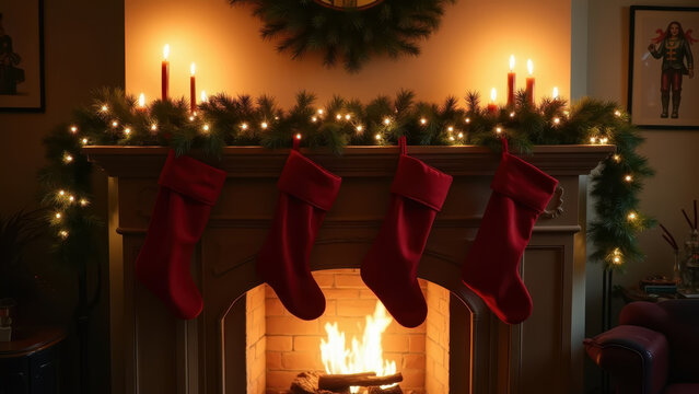 Christmas mantelpiece with stockings, candles and greenery, warm fireplace glow