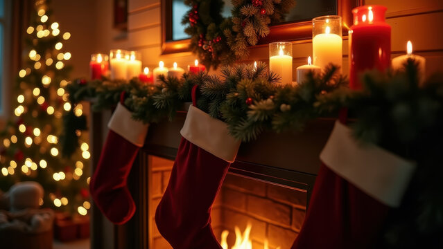 Christmas mantelpiece with stockings, candles and greenery, warm fireplace glow