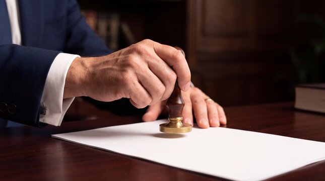 A person in a formal navy blue suit and white shirt pressing a wooden stamp onto a blank ad social media download thambnail poster web template event festival 2026 2027 2028