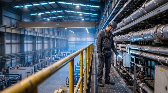Technician checks overhead routes in a fusion energy hall