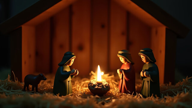 Nativity scene figurines arranged in wooden stable with straw, warm candlelight