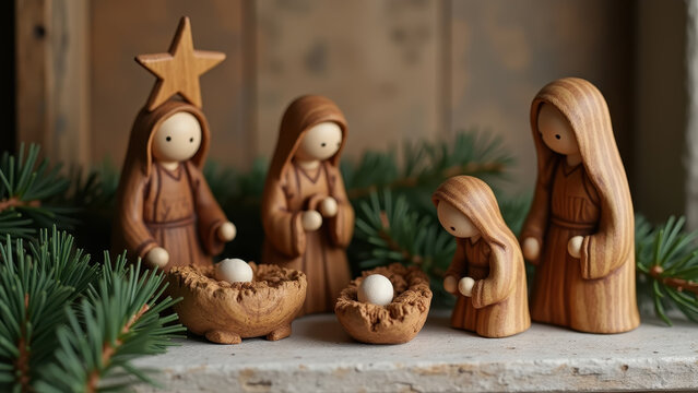 Small wooden nativity ornaments displayed on mantel with pine branches