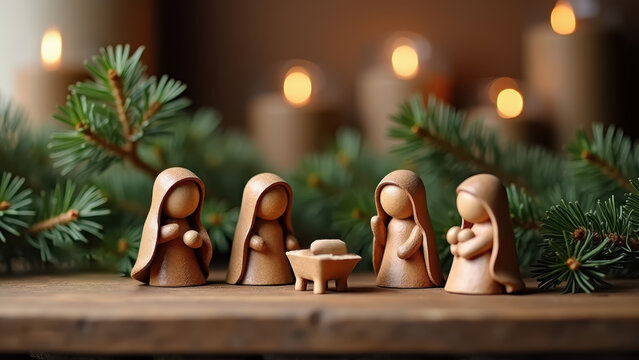 Small wooden nativity ornaments displayed on mantel with pine branches