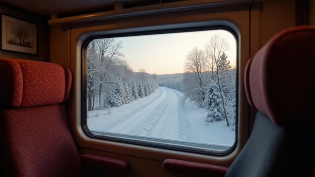 Cozy train compartment window view of snowy countryside passing by