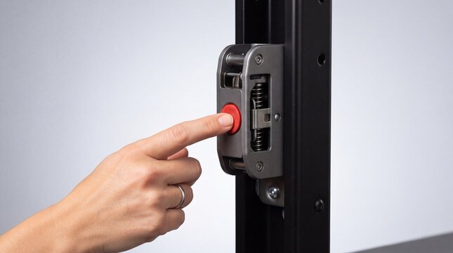 A person pressing a circular red button mounted on a black industrial metal frame, showing ad social media download thambnail poster web template event festival 2026 2027 2028