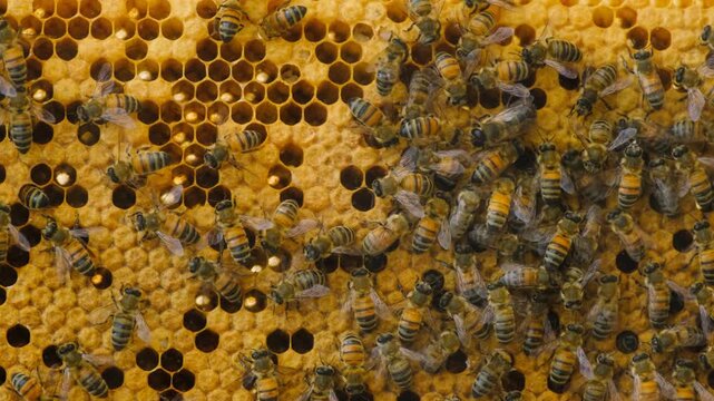 Honeybees Building and Working on Honeycomb. Close Up of Honeybees Inside an Active Beehive. Honeybees Working on Honeycomb Inside a Beehive.