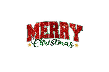Merry Christmas text with red glitter typography and green script Illustration Sublimation Design © Md