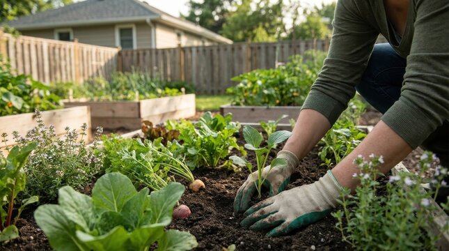 Gardener cultivating diverse vegetables through companion planting in suburban permaculture