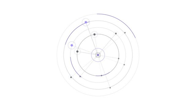 Abstract Futuristic Circular Network Diagram with Orbital Data Points and Concentric Geometric Lines on White Background
