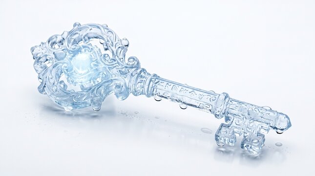 Ornate vintage key carved from glowing ice 