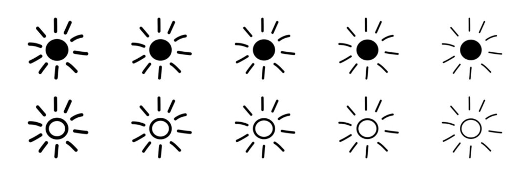 Hand Drawn Sun Icon Set with Solid and Outline Centers in Different Line Weights for Summer, Weather and Doodle Designs