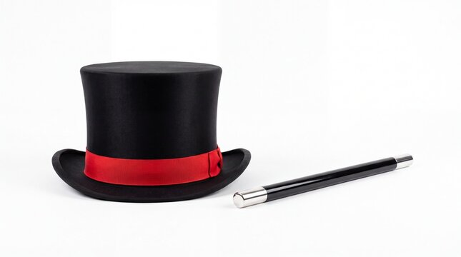 Elegant black magician top hat with red ribbon and shiny wand isolated on white background