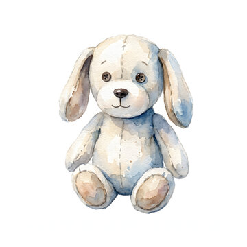 Cute Watercolor Stuffed Dog Toy Sitting Down isolated on white background.