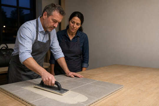 Midcareer learner practicing tile grouting in evening workshop