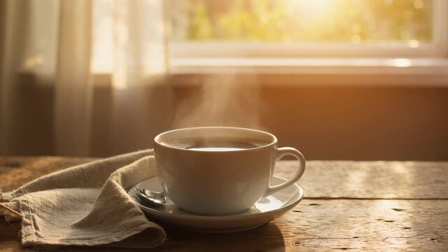 Steaming cup of coffee on rustic wooden table bathed in warm morning sunlight cozy breakfast scene