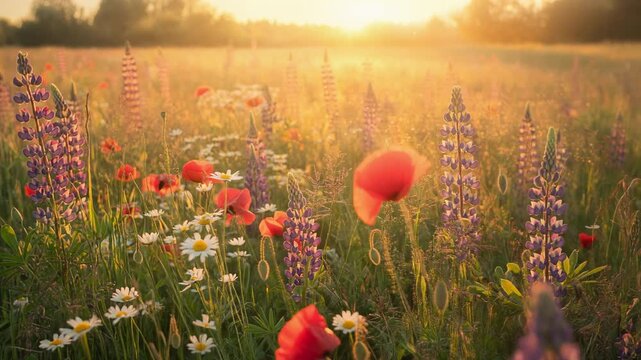 A peaceful meadow glowing in golden sunlight with vibrant purple lupines and red poppies in full bloom