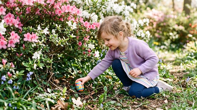 Young girl finds colorful Easter egg hidden in blooming garden during spring