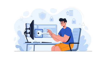 Fototapeta premium Digital Security Concept: Person Accessing Computer with Key, Cybersecurity, Data Protection, Authentication